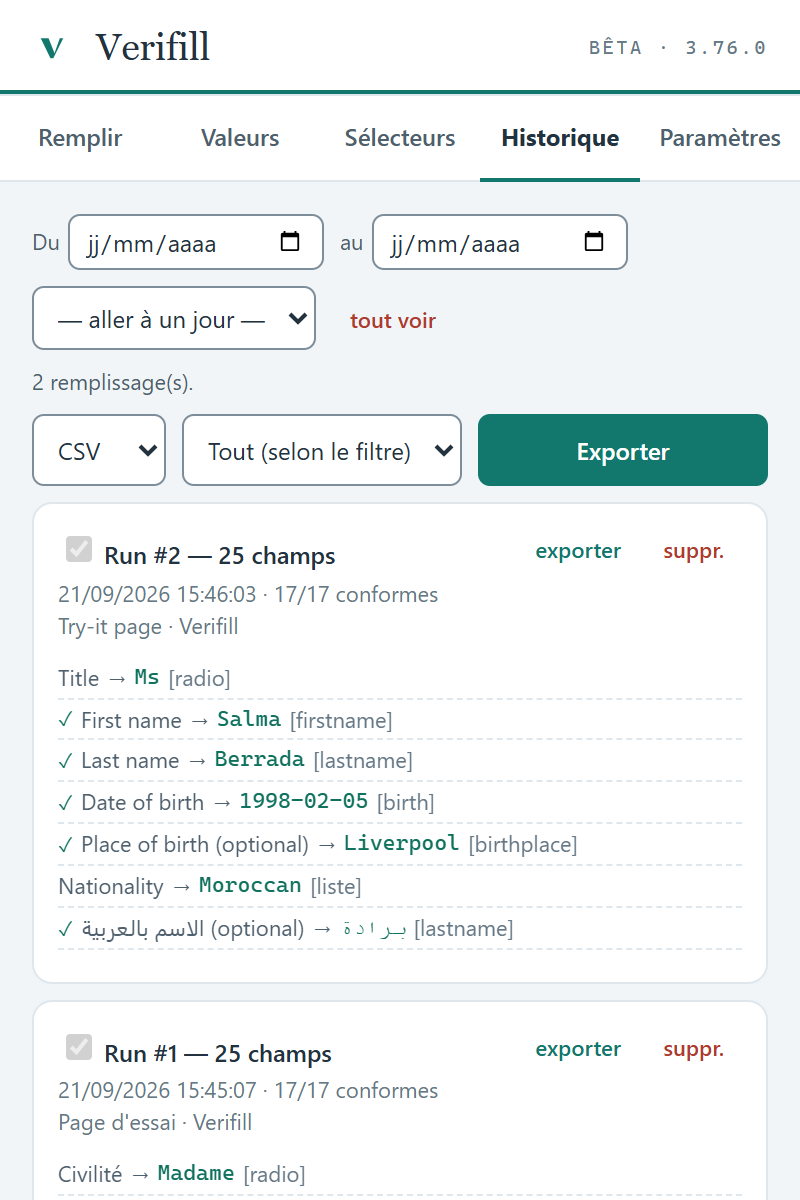 Screenshot of the History tab of the Verifill extension