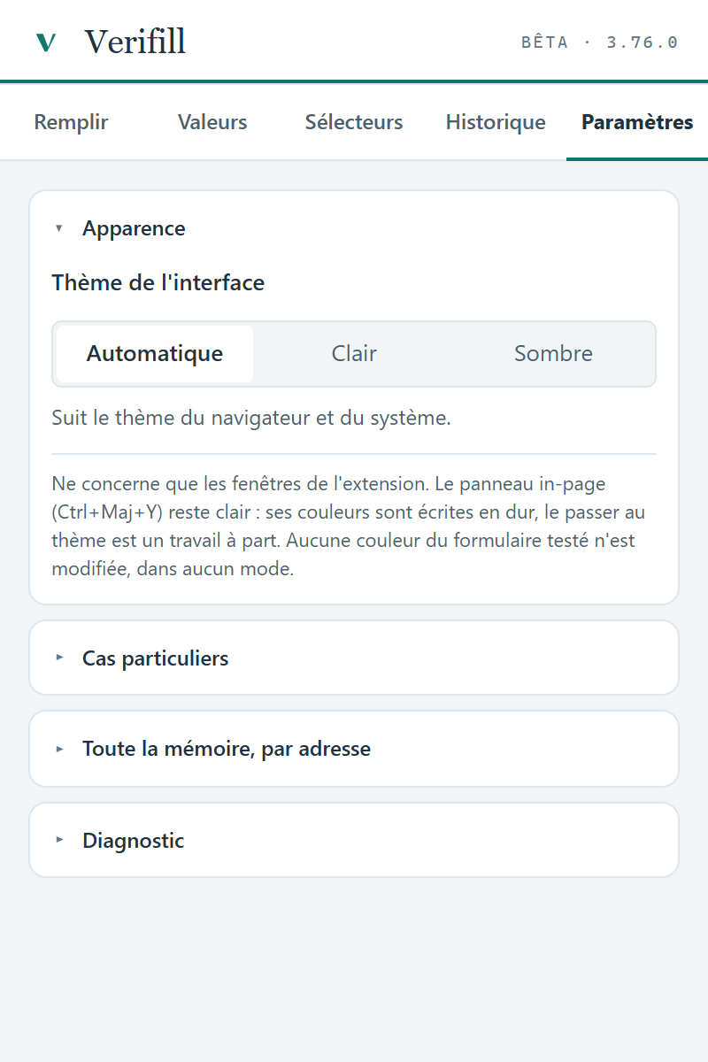 Screenshot of the Settings tab of the Verifill extension