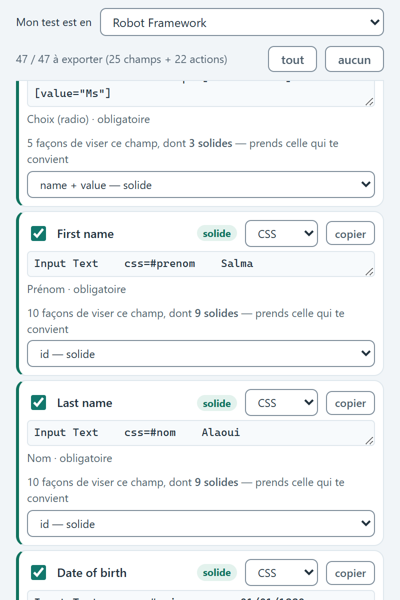 Screenshot of the Selectors tab of the Verifill extension