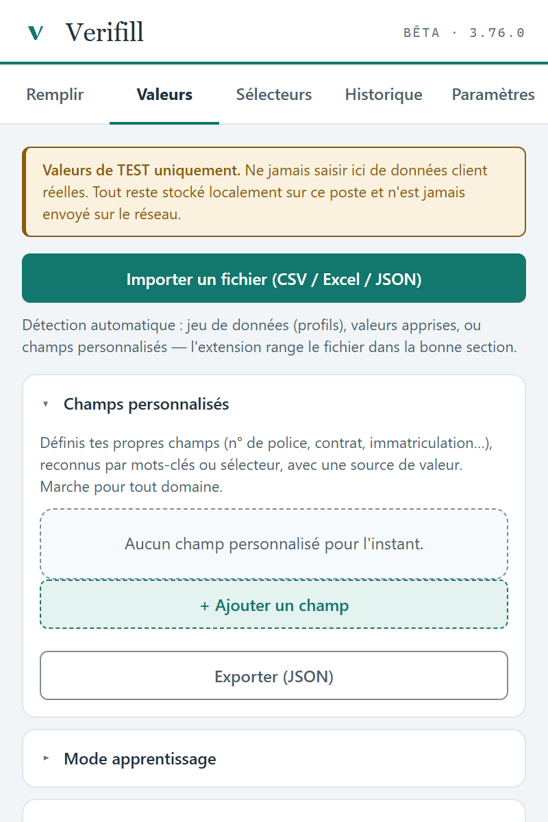 Screenshot of the Values tab of the Verifill extension