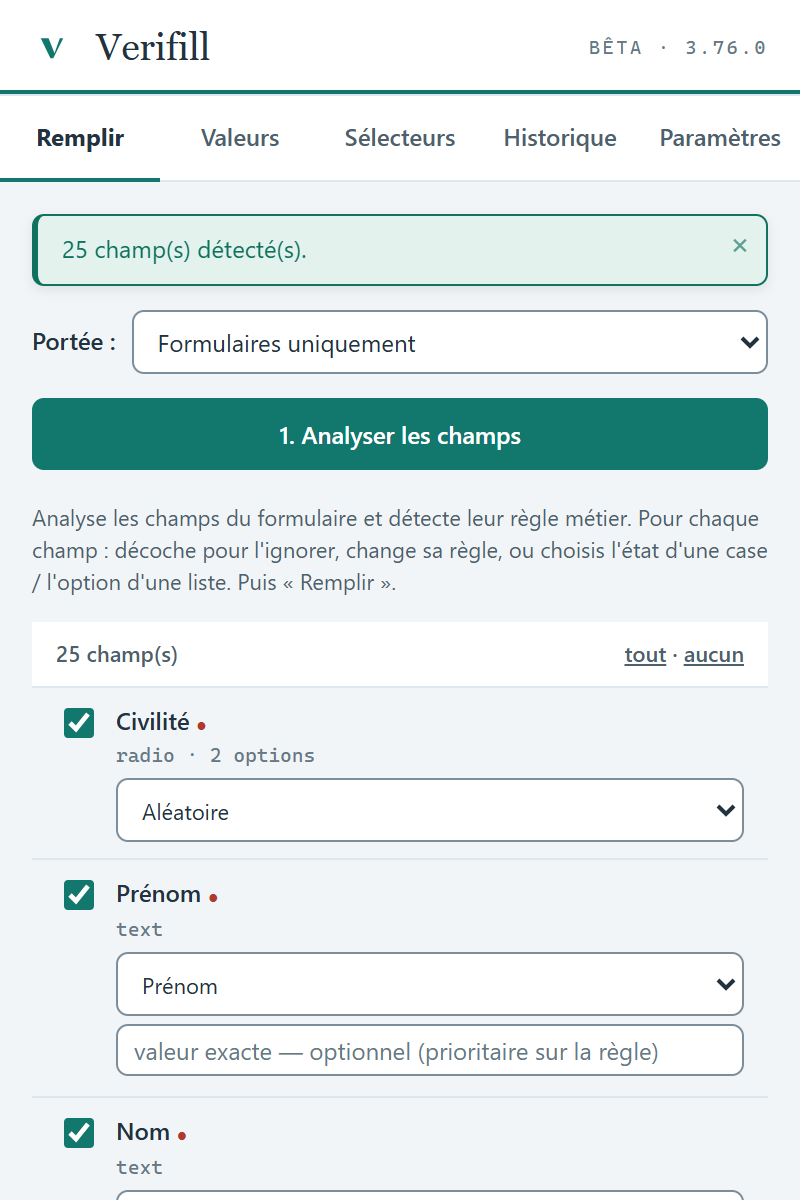 L'onglet « Remplir » après l'analyse : une ligne par case, sa règle, et la place pour imposer une valeur.