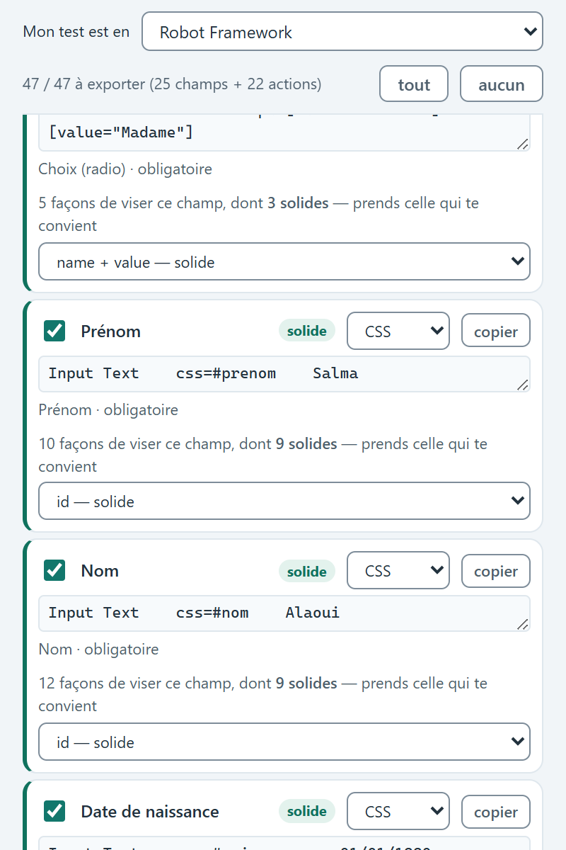 Un sélecteur par ligne, sa solidité annoncée, et le menu qui change la façon de viser ce champ-là.